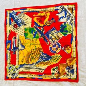 Vintage Red Yellow Adventure World Scarf Travel Train Egypt Italy Taj Mahal 30”